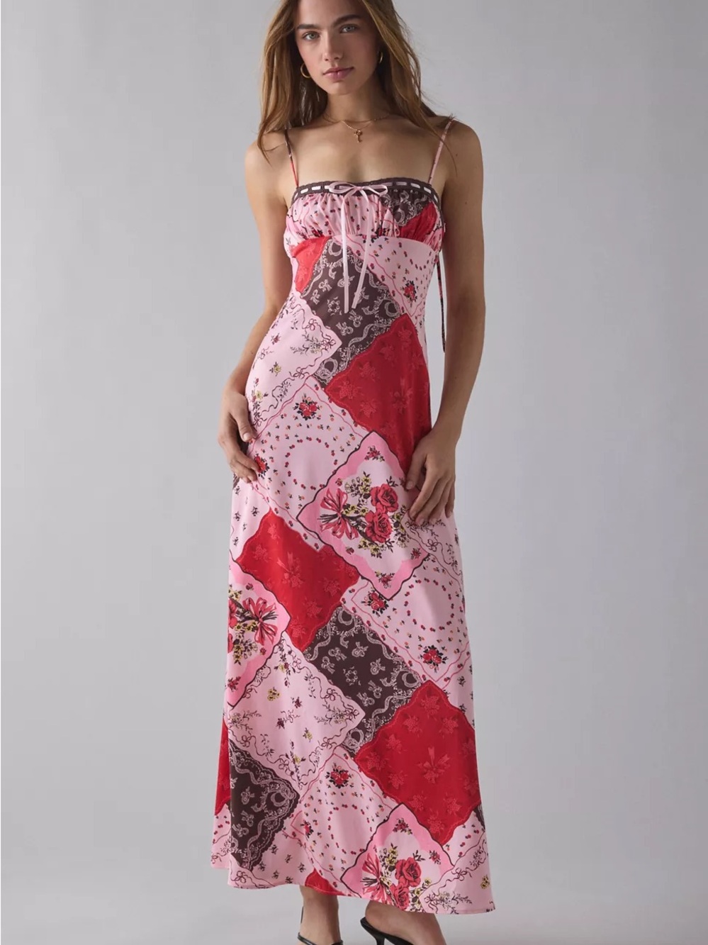 UO ribbon tie Patchwork Floral Slip Dress